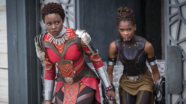 Women warriors in Marvel's Black Panther (from left): Nakia (Lupita Nyong'o) and Shuri (Letitia Wright).