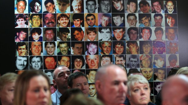 Photographs of the 96 victims of The Hillsborough disaster are displayed on the wall as family members attend a Hillsborough Justice Campaign Press Conference on April 26.