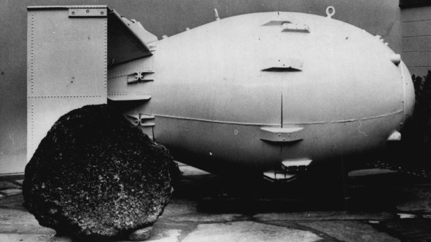 A bomb of the same type as the "Fat Man" dropped on Nagasaki on display at the Los Alamos Scientific Laboratory Museum in New Mexico in 1965.