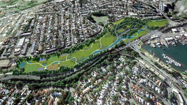 An artist's impression of the parkland planned to cover the existing Rozelle Rail Yards, under which a motorway interchange will be built.