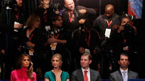 From left fron row: Republican presidential nominee Donald Trump's wife Melania, daughter Ivanka, sons Eric Trump and Donald Jr during the second presidential debate.