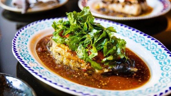 Imam bayildi  – roast eggplant stuffed with bullhorn peppers.