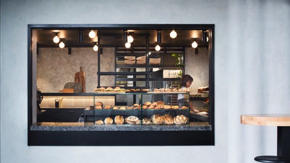 Chewy baguettes and other delights in the window at Q le Baker in Prahran, 