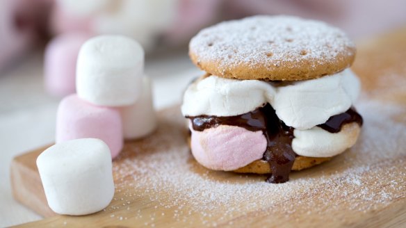 S'mores - gooey marshmallow biscuit sandwiches.