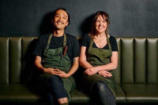 Flint's chef-owner Nicki Morrison (right) and sous chef Yukio Endo, who together are cooking without any gas, just wood and charcoal.