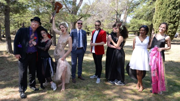 At the Floriade Fringe launch, from left, Canberra co-producer Gavin Findlay, Bambi Valentine, Anya Anastasia, Chief Minister Andrew Barr, Nomad the Magician, Frances McNair and Miriam Slater of Sweaty Pits, Nina Gbor, Charne Esterhuizen.