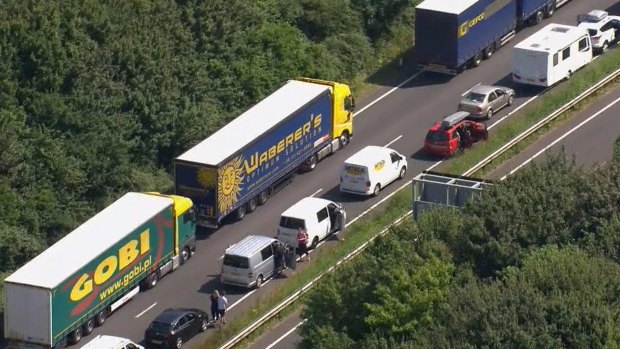 Part of the miles long queue of traffic outside Dover, England, waiting to cross the English Channel into France.