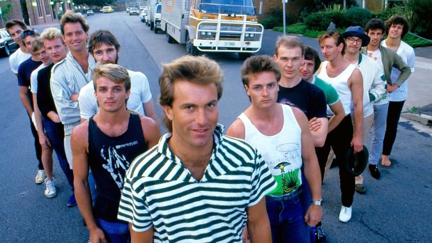 The crew of Australian Crawl, fronted by James Reyne, along with the band's roadies in 1984.