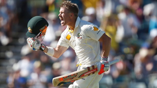 Raw emotion: Dave Warner celebrates scoring a century in the 2013 Ashes Test in Perth.