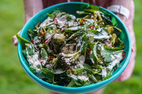 Roasted and raw broccoli with chilli, mint and lemony tahini dressing.