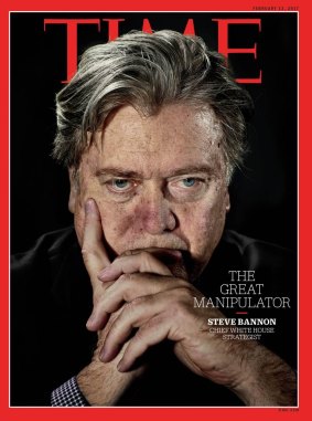 Bannon is the new face on the coveted front page of <i>Time</i> magazine, alongside the headline "The Great Manipulator". 