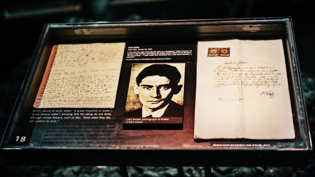 A display case at the Franz Kafka Museum. 