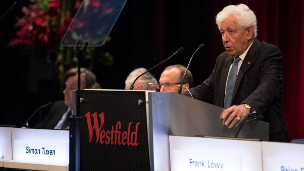 Frank Lowy and board members at Westfield's annual general meeting on Friday. 