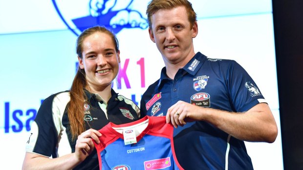 Top pick: Isabel Huntington with AFLW Bulldogs coach Paul Groves.