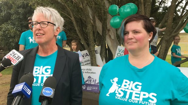 United Voice assistant secretary Helen Gibbons and Ms Grey on Sunday at the announcement of the latest walk-off.