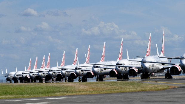 Grounded Virgin planes parked at Brisbane Airport.