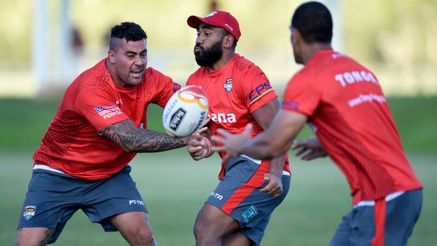 Bring it on: Andrew Fifita trains with the Tongan squad in preparation for their opening World Cup match against Scotland. 