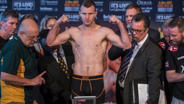 Last-ditch effort: Jeff Horn makes weight at the Brisbane Exhibition and Entertainment Centre.