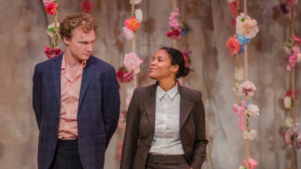 Charlie Garber (left), and Zahra Newman star in this 'incoherent' production of Bell Shakespeare's <i>As You Like It</i>.