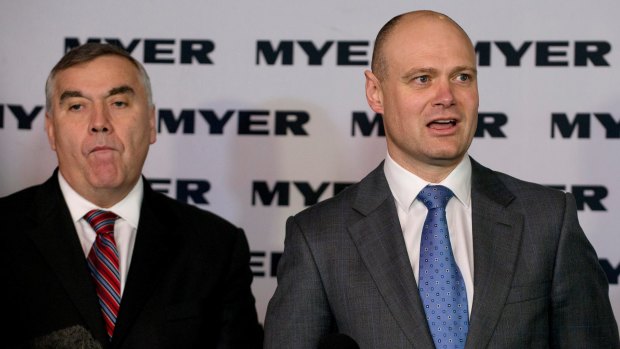 Former Myer chief Bernie Brookes (left) with his replacement  Richard Umbers.