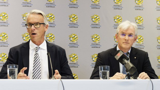 Tough fortnight: Football Federation Australia chief executive David Gallop and chairman Steven Lowy. 