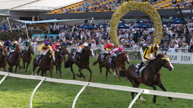 Name to remember: Tye Angland and Trapeze Artist race over four lengths clear en route to victory in the Golden Rose at Rosehill. 