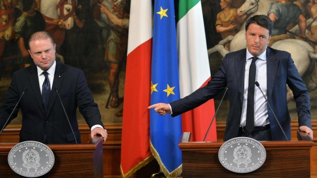 Italian Premier Matteo Renzi (right) and Maltese Premier Joseph Muscat this week, urging combined EU action to limit drownings in the Mediterranean.