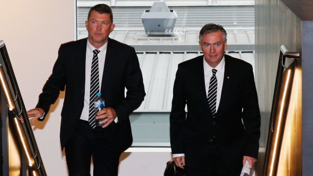 Outgoing Collingwood Magpies AFL CEO Gary Pert (L) arrives to announce his resignation alongside President Eddie McGuire.