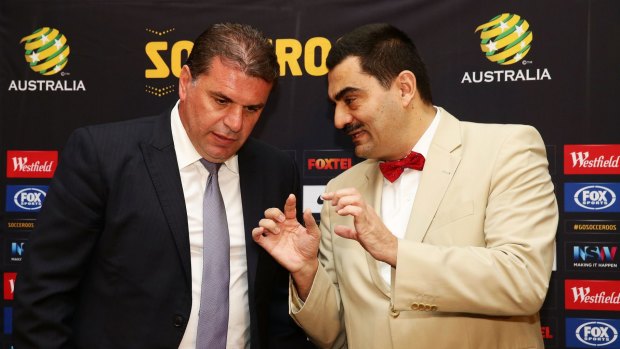 Socceroos coach Ange Postecoglou, left, with the Consul General of Greece, Stavros Kyrimis.