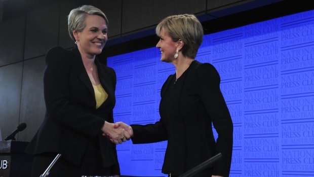 Foreign Minister Julie Bishop and her opposition counterpart Tanya Plibersek sparred over the New Colombo Plan, foreign aid, innovation and the maritime border with East Timor at the National Press Club in Canberra on Tuesday.