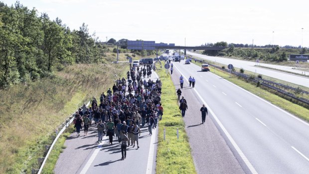 Hundreds of refugees are escorted by Danish police on a highway in southern Denmark.
