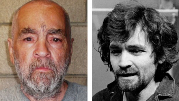 Charles Manson pictured about eight years ago and, right, how he appeared at his trial in 1970. 