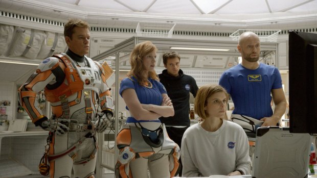 Matt Damon, left, with Jessica Chastain, Sebastian Stan, Kate Mara and Aksel Hennie in <i>The Martian</i>.