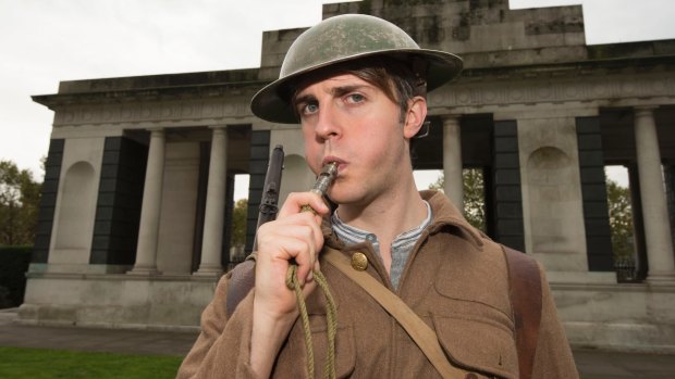 An actor blows a whistle last sounded 100 years ago on the Somme in WWI.