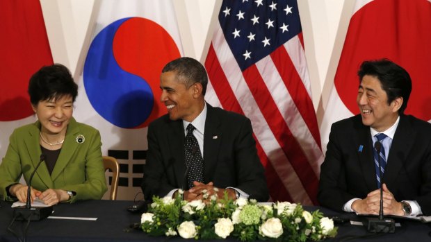 President Park Geun-hye, left, of South Korea, and Prime Minister Shinzo Abe, of Japan, have not held bilateral talks since taking office, although they are both allies of United States and both met US President Barack Obama in The Hague in 2014.