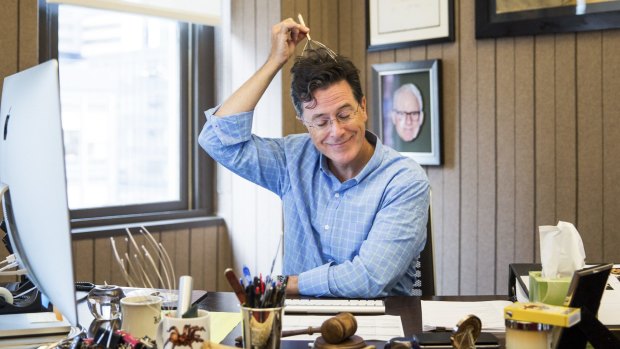 Steven Colbert in his office at the Ed Sullivan Theatre. Colbert will be the second person to host <i>The Late Show</i>, CBS's marquee late-night franchise, succeeding David Letterman, for whom it was created.