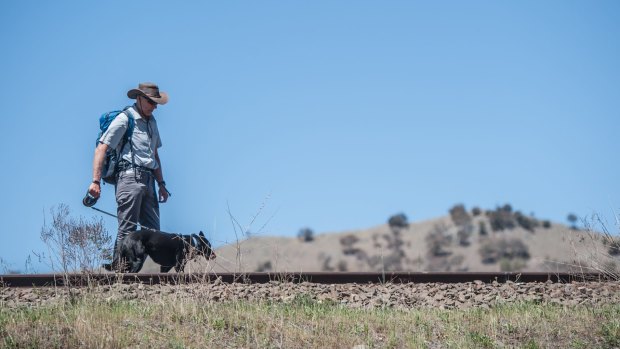 Rod Griffith with his dog Tilly walking the 306km ACT border over 21 days has been joined on various legs of the walk by friends and interested people.
