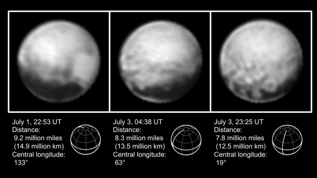This combination of images from July 1 to 3, 2015, provided by NASA shows Pluto at different distances from the New Horizons spacecraft earlier this month.