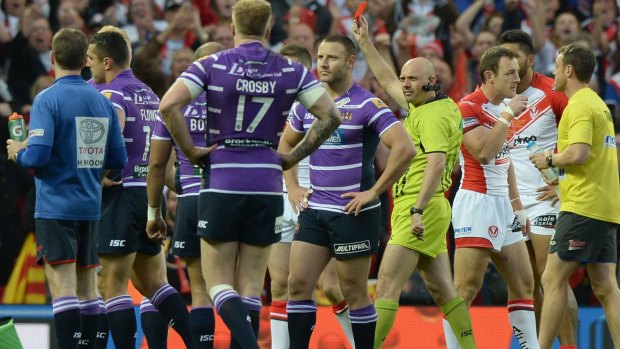Marching orders: referee Phil Bentham sends off Ben Flower of Wigan Warriors.