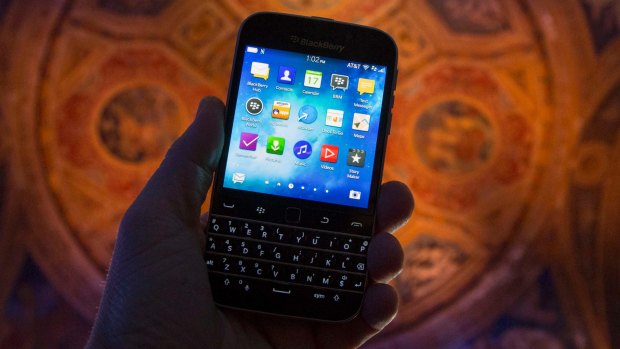 The Blackberry Classic smartphone is shown during a display at the launch event in New York.