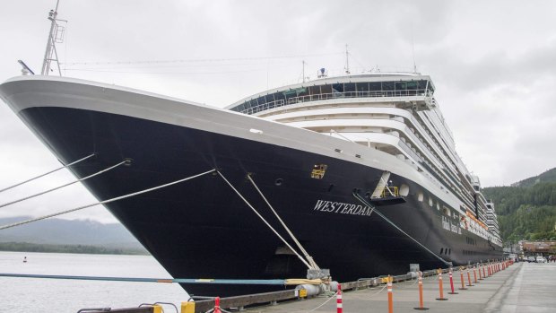 The Holland America Line cruise ship Westerdam in dock in Ketchikan, Alaska.