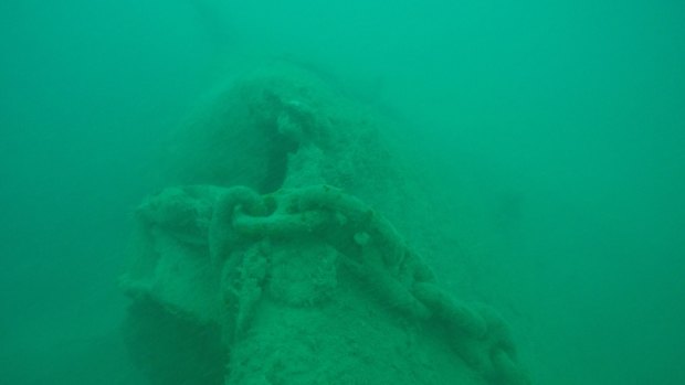 The starboard anchor chain. The chain has been cut and the anchor removed some time ago. 