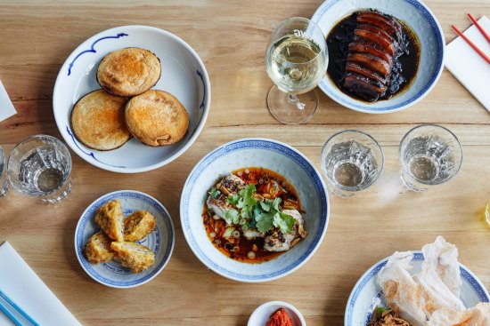 Clockwise from top left: Mapo tofu jaffles, moy choy (pork belly with mustard greens), pepper beef tartare, steamed barramundi, Hakkiend fried dumplings at Super Ling.