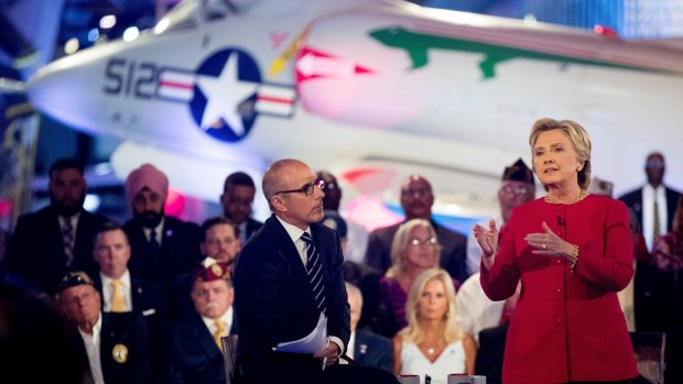 Democratic presidential candidate Hillary Clinton with Today show co-anchor Matt Lauer at the NBC Commander-In-Chief Forum held in New York on September 7, 2016.