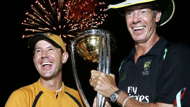 Fireworks: Ricky Ponting and John Buchanan with the Cricket World Cup trophy in Barbados, 2007.