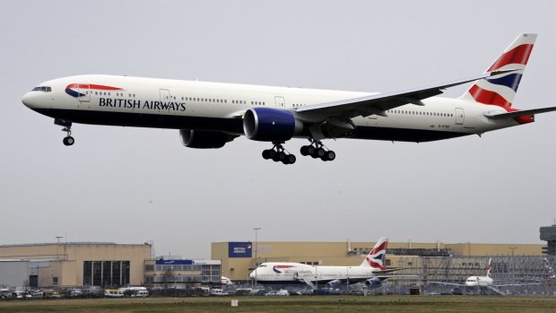 A British Airways flight landing. The pilot of the flight from Geneva, carrying 132 passengers and five crew, reported an object hitting the front of the Airbus A320. A British Airways spokesman said it had not been damaged. 