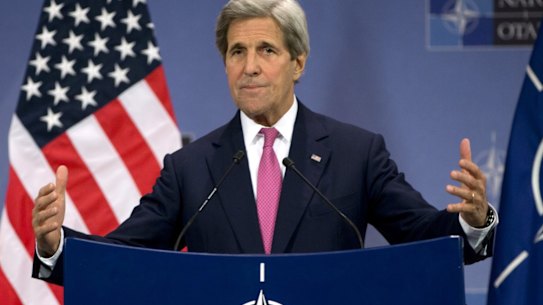 U.S. Secretary of State John Kerry speaks during a media conference at NATO headquarters in Brussels on Thursday, May 19, 2016. NATO foreign ministers this week will discuss how the alliance can deal more effectively with security threats outside Europe, including by training the Iraqi military and cooperating with the European Union to choke off people-smuggling operations in the central Mediterranean. (AP Photo/Virginia Mayo)