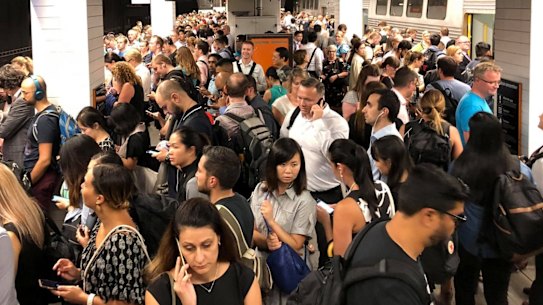 Wynyard station packed with commuters.