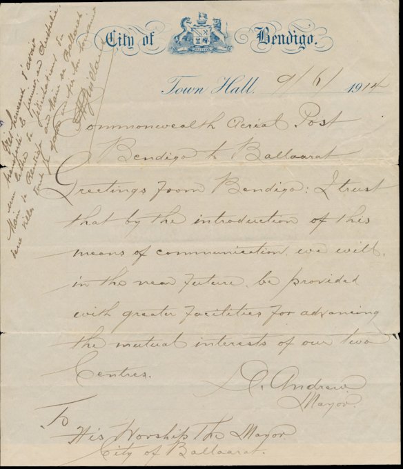The 1914 letter from the Mayor of Bendigo.