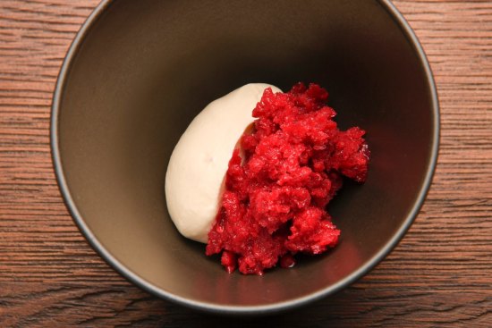 Fermented raspberry, white chocolate and ginger.